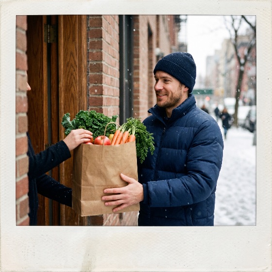 friendly, delivery, man, handing, bag, fresh, groceries, customer, the, door, snowy, winter, day, snow, food, service, grocery, vegetables, healthy, shopping, house, home, city, urban, cold, jacket, beanie, paper, kale, carrots, apples, courier, lifestyle, seasonal, outdoor, street, brick, smiling, receiving, meal, kit, organic, produce, wintertime, weather, neighborhood, local, business, retail, e-commerce, polaroid, vintage, frame, instant, photo, people