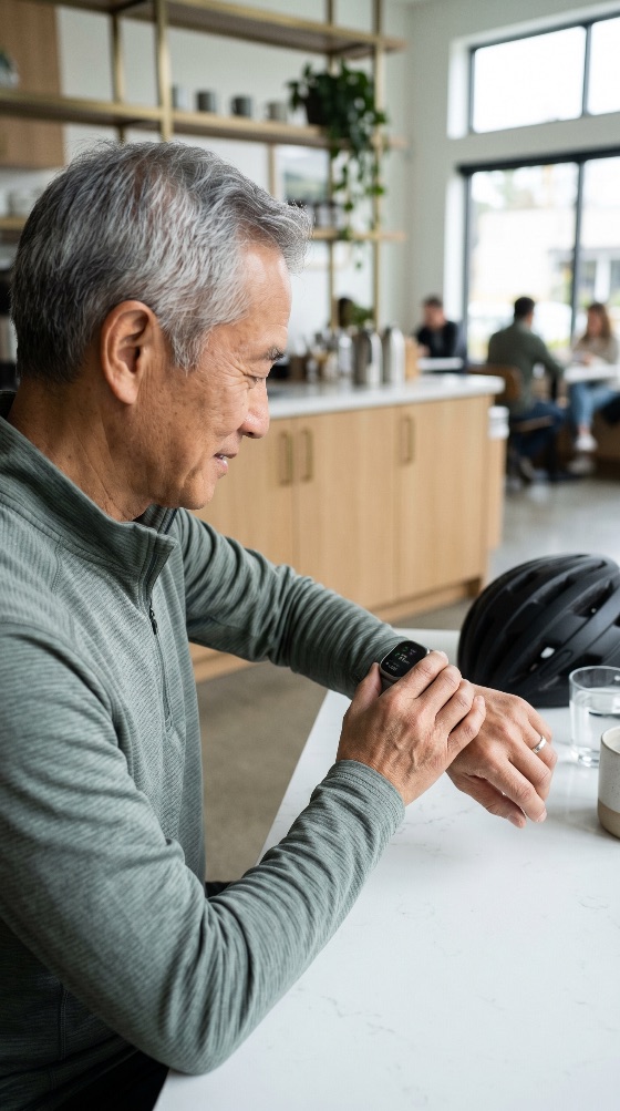 active, senior, asian, man, checking, smartwatch, modern, cafe, after, cycling, bicycle, helmet, lifestyle, health, technology, fitness, mature, wellness, cyclist, wearable, digital, healthy, living, monitoring, exercise, coffee, shop, leisure, grey, hair, male, adult, time, heart, rate, smart, watch, tech-savvy, indoors, casual, activity, sport, training, people