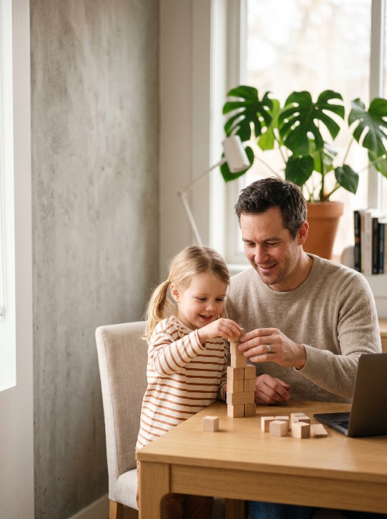 happy, father, and, young, daughter, building, tower, with, wooden, blocks, while, sitting, table, bright, home, office, child, playing, family, work, from, remote, bonding, childhood, education, learning, happiness, smiling, together, lifestyle, parenting, girl, man, indoor, living, room, laptop, monstera, plant, development, creative, leisure, domestic, love, care, support, preschooler, toddler, casual, morning, daylight, modern, interior, people