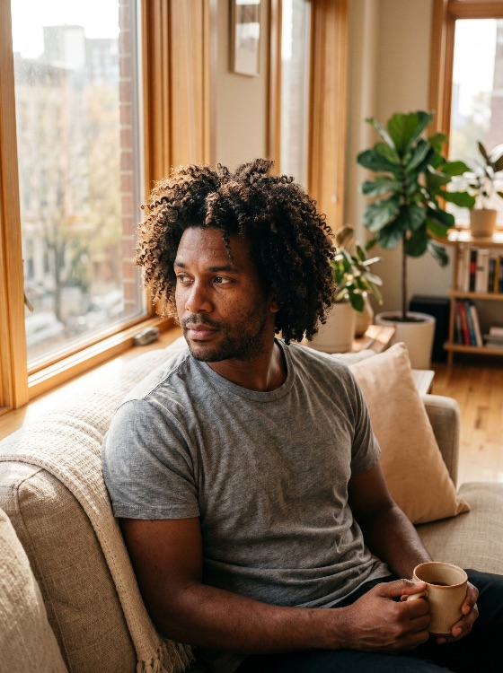 thoughtful, african, american, man, with, curly, hair, sitting, sofa, window, holding, mug, coffee, bright, modern, apartment, black, thinking, pensive, lifestyle, home, interior, calm, relaxed, morning, casual, adult, male, contemplative, peaceful, daylight, natural, light, city, view, houseplants, urban, solitude, cozy, grey, shirt, interiors