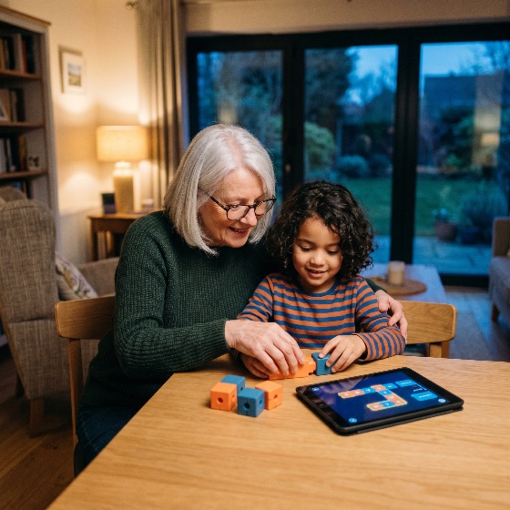 grandmother, and, grandson, playing, with, educational, stem, blocks, digital, tablet, cozy, living, room, family, education, learning, technology, home, senior, child, bonding, intergenerational, lifestyle, evening, toys, teaching, development, happiness, interaction, togetherness, indoor, caucasian, mixed, race, curiosity, childhood, people