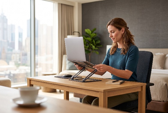 professional, businesswoman, adjusting, laptop, ergonomic, stand, modern, hotel, room, woman, remote, work, business, travel, office, working, desk, city, view, technology, interior, lifestyle, productivity, digital, nomad, computer, adjustable, furniture, career, focus, corporate, home, notebook, pen, skyline, bright, daylight, caucasian, adult, one, person, sitting, job, entrepreneur, freelance, success, finance