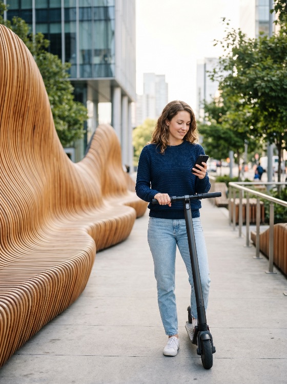 happy, young, woman, using, smartphone, while, standing, electric, scooter, modern, urban, park, with, unique, wooden, bench, city, commute, transportation, e-scooter, lifestyle, technology, mobile, phone, architecture, smiling, female, eco-friendly, sustainable, travel, outdoor, summer, casual, millennial, connectivity, mobility, gadget, person, street, wood, design, contemporary, life, digital, communication, green, energy, ride, leisure, people