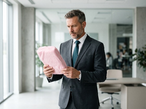 mature, businessman, suit, looking, confused, while, holding, pink, towel, modern, office, professional, man, corporate, unexpected, work-life, balance, funny, executive, lifestyle, humor, bizarre, manager, indoor, career, laundry, business, finance