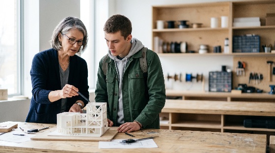 female, architect, mentor, explaining, architectural, model, young, student, workshop, architecture, teacher, design, engineering, education, learning, collaboration, professional, studio, building, scale, blueprint, apprentice, mentorship, vocational, technical, school, university, creativity, innovation, printing, prototype, construction, planning, woman, man, senior, glasses, working, discussion, explanation, focus, concentration, tools, workbench, interior, modern, expertise, knowledge, career, development