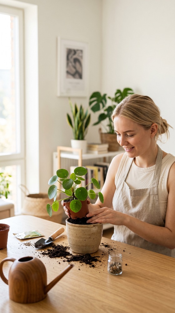 smiling, young, woman, repotting, pilea, peperomioides, houseplant, home, gardening, chinese, money, plant, indoor, plants, hobby, planting, soil, ceramic, pot, apron, lifestyle, sustainability, urban, jungle, nature, care, growth, domestic, interior, bright, natural, light, leisure, wellness, lover, botanical, transplanting, tools, trowel, watering, can, blonde, adult, peaceful, activity, greenery, foliage, decor, apartment, living, room, spring, organic, earthy, people