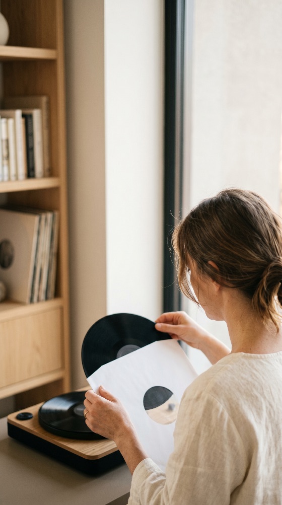 young, woman, taking, black, vinyl, record, out, white, paper, sleeve, play, modern, turntable, home, music, analog, lifestyle, hobby, listening, player, vintage, retro, interior, minimalist, leisure, relaxing, collection, bookshelf, audio, sound, entertainment, apartment, bright, daylight, back, view, casual, aesthetic, people