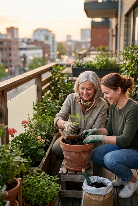 happy, senior, mother, and, adult, daughter, gardening, together, urban, balcony, sunset, planting, family, woman, lifestyle, hobby, city, apartment, sustainability, nature, happiness, plants, flowers, terracotta, pot, soil, gloves, home, leisure, bonding, green, environment, outdoor, spring, summer, generation, care, growth, eco-friendly, life, wellness, relaxation, people
