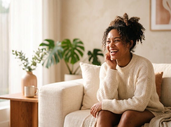 joyful, young, african, american, woman, laughing, and, relaxing, comfortable, sofa, bright, modern, living, room, with, houseplants, happy, home, relaxation, black, curly, hair, smile, cozy, interior, lifestyle, apartment, comfort, knitwear, sweater, morning, leisure, wellness, mental, health, indoor, plants, monstera, natural, light, cheerful, positive, portrait, sitting, casual, domestic, peaceful, serene, attractive, youth, beauty, person, female, people