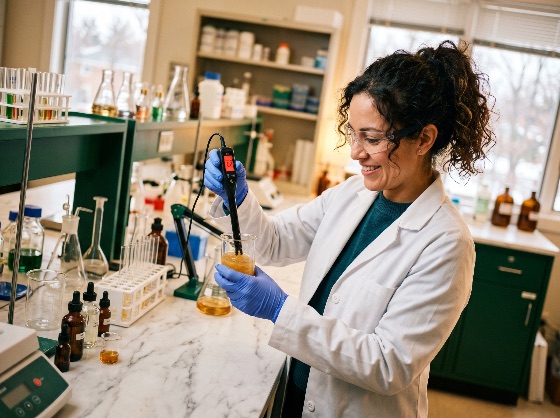 professional, female, scientist, white, lab, coat, and, safety, goggles, using, digital, meter, test, liquid, sample, laboratory, research, science, chemist, chemistry, experiment, equipment, testing, measurement, beaker, glassware, gloves, medical, biology, biotechnology, analysis, researcher, woman, smiling, clinical, pharmaceutical, healthcare, scientific, technology, chemical, investigation, development, innovation, expertise, occupation, workplace, indoors, education, university, student, technician, quality, control, discovery, diagnostic
