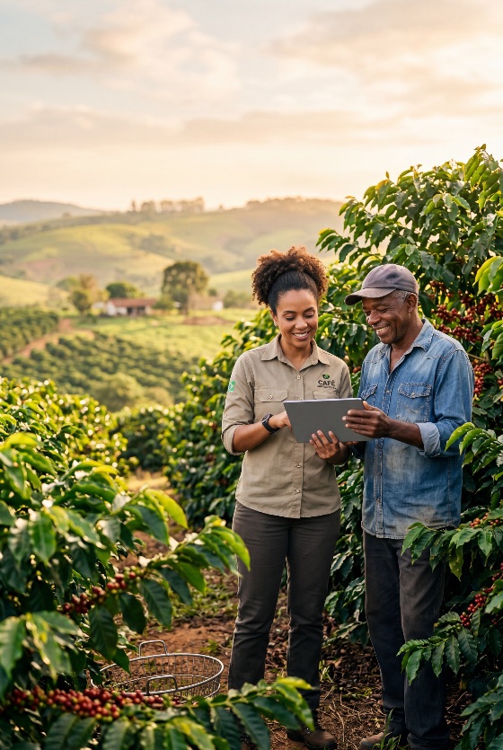 smiling, female, agronomist, and, senior, farmer, collaborating, with, digital, tablet, lush, coffee, plantation, sunset, agriculture, technology, harvest, sustainable, farming, collaboration, teamwork, rural, field, nature, berries, cherries, beans, woman, man, professional, expertise, growth, production, brazil, colombia, tropical, hills, landscape, golden, hour, happy, partnership, industry, agribusiness, organic, environment, people, lifestyle