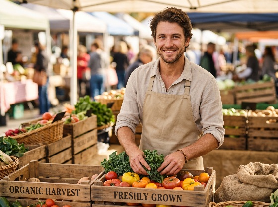 smiling, young, farmer, selling, fresh, organic, vegetables, local, farmers, market, man, produce, healthy, stall, outdoor, sustainability, community, tomatoes, kale, harvest, agriculture, small, business, vendor, food, nutrition, lifestyle, eco-friendly, wooden, crate, retail, shopping, seasonal, natural, raw, wellness, people