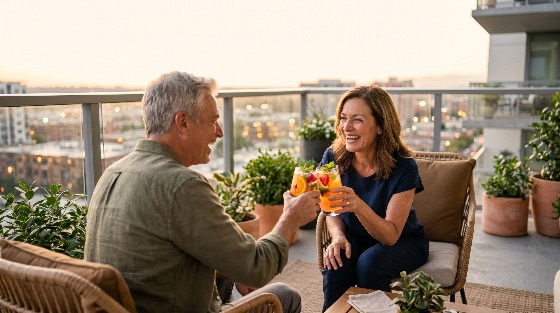 happy, senior, couple, toasting, with, fruit, cocktails, city, balcony, sunset, lifestyle, terrace, view, mature, adults, retirement, romance, celebration, drinking, laughter, outdoor, living, golden, hour, apartment, urban, relaxation, together, friendship, luxury, home, evening, cocktail, smiling, relationship, leisure, penthouse, cheers, anniversary, date, night, togetherness, joy, weekend, caucasian, people
