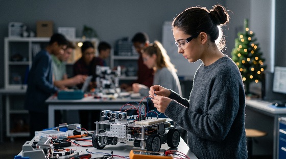 young, female, student, building, robot, science, and, technology, classroom, robotics, stem, education, engineering, girl, woman, school, workshop, learning, electronics, circuit, wires, safety, glasses, laboratory, technical, innovation, project, high, college, diverse, teamwork, collaboration, future, career, skills, hands-on, assembling, prototype, sensors, breadboard, multimeter, tools, youth, adult, seasonal, christmas, tree, indoor, focus, concentration, development