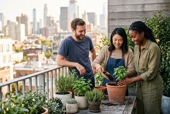happy, multiethnic, friends, gardening, and, planting, herbs, pots, urban, rooftop, balcony, with, city, skyline, background, diverse, lifestyle, sustainability, apartment, skyscrapers, hobby, community, together, nature, green, environment, plants, terracotta, pot, soil, basil, rosemary, succulents, outdoor, leisure, summer, sunny, man, woman, asian, black, caucasian, friendship, collaboration, eco-friendly, home, garden, organic, growth, life, people