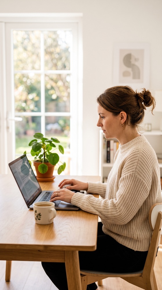 professional, young, woman, working, remotely, laptop, woode, focused, white, sweater, typing, wooden, table, bright, home, interior, with, coffee, mug, houseplant, and, natural, light, from, large, window, office, remote, work, freelance, technology, computer, business, lifestyle, internet, communication, student, studying, education, digital, nomad, online, workspace, modern, cozy, plant, pilea, green, nature, garden, daylight, focus, concentration, productivity, casual, adult, female, caucasian, people, one, person, side, view, profile, apartment, finance