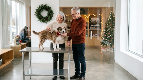 happy, senior, couple, grooming, their, dog, veterinary, clinic, during, christmas, season, pet, care, elderly, lifestyle, festive, holiday, brushing, veterinarian, animal, hospital, owner, happiness, domestic, scruffy, terrier, mix, winter, indoor, health, wellness, companionship, love, caring, man, woman, caucasian, retirement, active, seniors, tree, wreath, decorations, professional, modern, examination, table, stainless, steel, bandana, red, sweater, smiling, together, family, people