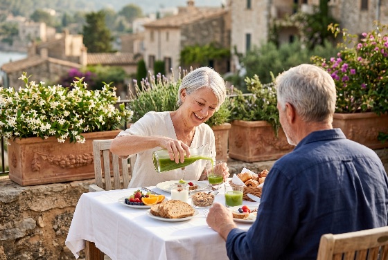 happy, senior, couple, enjoying, healthy, breakfast, sunny, outdoor, terrace, mediterranean, village, lifestyle, retirement, vacation, travel, green, juice, europe, smiling, happiness, wellness, morning, summer, elderly, retired, husband, wife, scenic, italy, spain, balcony, food, fruit, granola, leisure, togetherness, tourism, eating, grey, hair, man, woman, stone, wall, flowers, terracotta, croissant, yogurt, fresh, organic, luxury, relaxation, holiday, view, people