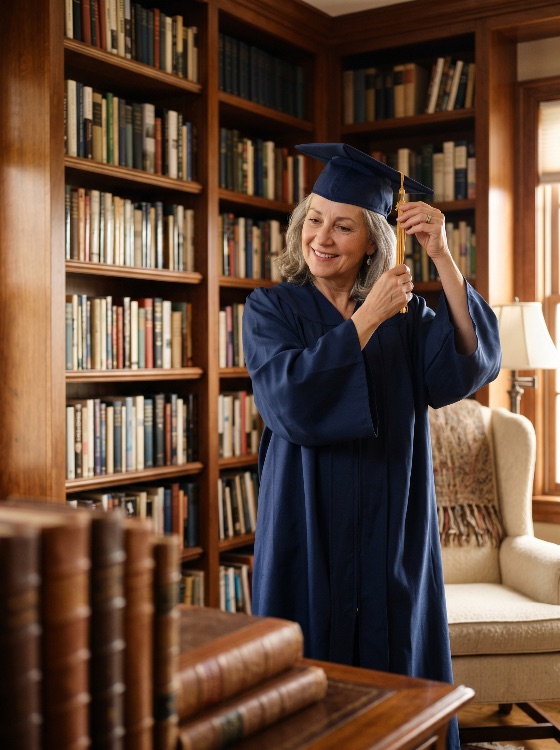 proud, senior, woman, blue, graduation, gown, and, cap, adjusting, her, tassel, library, education, achievement, success, mortarboard, learning, academic, mature, student, degree, diploma, bookshelves, books, study, celebration, accomplishment, lifelong, retirement, university, college, knowledge, wisdom, indoor, portrait, smiling, gold, goal, ambition, higher, commencement, ceremony