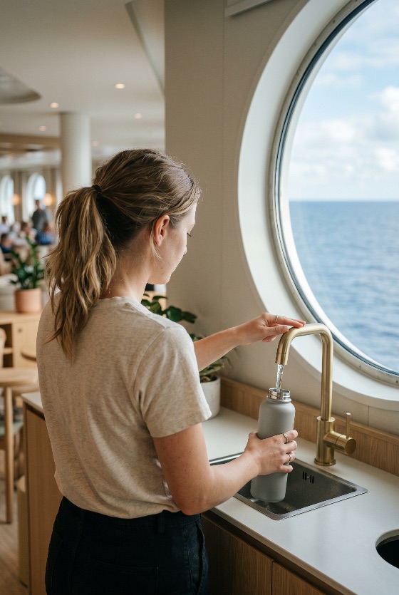 young, woman, filling, reusable, water, bottle, cruise, ship, with, ocean, view, sustainable, sea, porthole, window, travel, lifestyle, hydration, tap, faucet, sink, interior, modern, vacation, boat, ferry, nautical, eco-friendly, plastic-free, refreshment, drinking, blonde, ponytail, casual, journey, maritime, horizon, blue, gold, brass, nature, landscapes