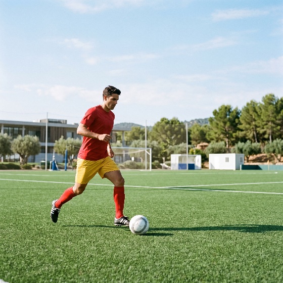 professional, soccer, player, red, jersey, and, yellow, shorts, dribbling, ball, green, turf, field, during, training, session, football, athlete, sport, action, man, male, outdoor, sunny, grass, cleats, exercise, fitness, competition, goal, activity, movement, running, skill, athletic, game, recreation, summer, daylight, health, energetic, sports