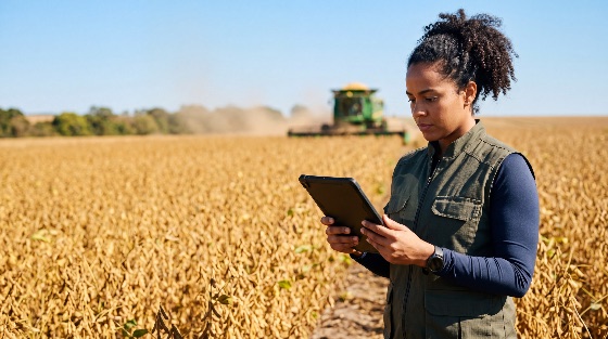 female, agronomist, using, digital, tablet, monitor, crop, data, golden, soybean, field, during, harvest, with, combine, harvester, working, the, background, agriculture, farmer, technology, farming, woman, smart, precision, rural, business, industry, professional, monitoring, plantation, autumn, machinery, equipment, outdoors, black, african, american, curly, hair, vest, smartwatch, sustainability, food, production, agribusiness, agrotech, innovation, internet, things, iot, remote, management, efficiency, productivity, countryside, landscape, sunny, clear, sky, season