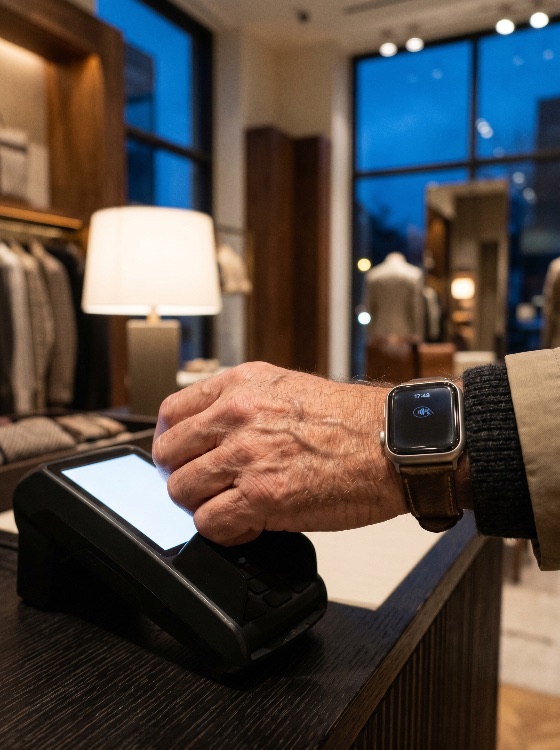 close-up, man, making, contactless, payment, with, smartwatch, luxury, clothing, store, nfc, technology, pos, terminal, retail, shopping, digital, wearable, device, boutique, finance, consumerism, fashion, checkout, transaction, modern, convenience, electronic, mobile, banking, commerce, lifestyle, indoor, beauty
