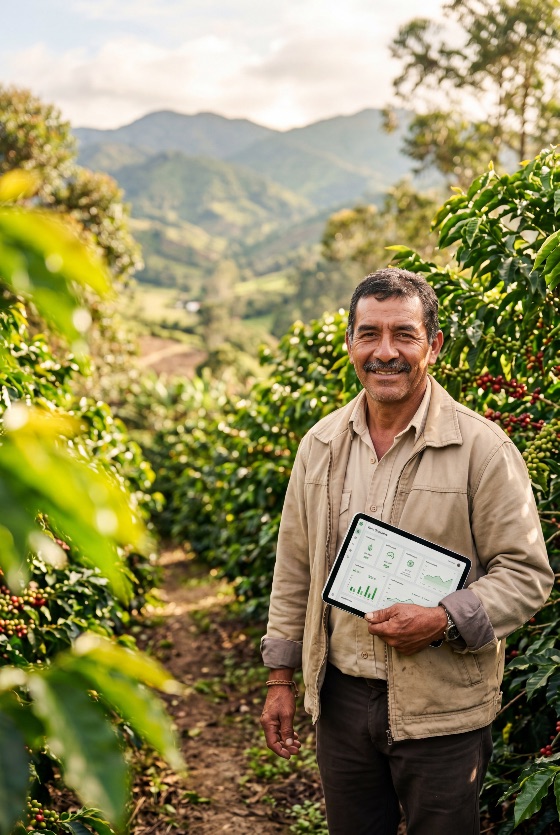 portrait, smiling, hispanic, farmer, holding, digital, tablet, lush, coffee, plantation, with, mountain, views, smart, farming, agriculture, technology, man, data, agritech, rural, mountains, sustainability, harvest, beans, precision, innovation, outdoor, worker, south, america, colombia, brazil, crop, monitoring, organic, fair, trade, green, landscape, nature, professional, agronomist