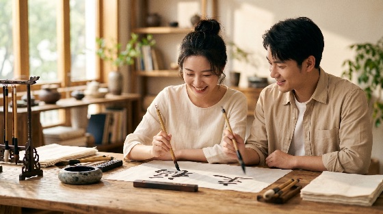 young, asian, couple, smiling, while, practicing, traditional, chinese, calligraphy, with, brushes, and, ink, rice, paper, bright, studio, art, culture, brush, lifestyle, hobby, learning, together, happy, man, woman, education, creativity, writing, characters, indoor, leisure, relationship, craft, artistic, heritage, east, hobbyist, practice, skills, inkstone, bamboo, workshop, home, peaceful, cultural, people