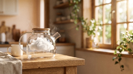 surreal, conceptual, image, fluffy, white, cloud, inside, steaming, glass, teapot, rustic, wooden, kitchen, table, steam, concept, sunlight, fantasy, creative, home, interior, cozy, morning, dream, imagination, weather, window, tea, lifestyle, breakfast, water, transparent, interiors