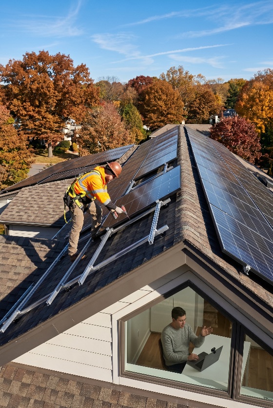 professional, technician, installing, solar, panels, residential, roof, while, homeowner, works, from, home, installation, renewable, energy, house, sustainable, green, remote, work, laptop, autumn, power, efficiency, construction, safety, harness, hard, hat, drill, suburban, environment, electricity, photovoltaic, technology, office, working, clean, eco-friendly, outdoors, sunny, fall, trees, foliage, architecture, modern, living, sustainability, business, finance