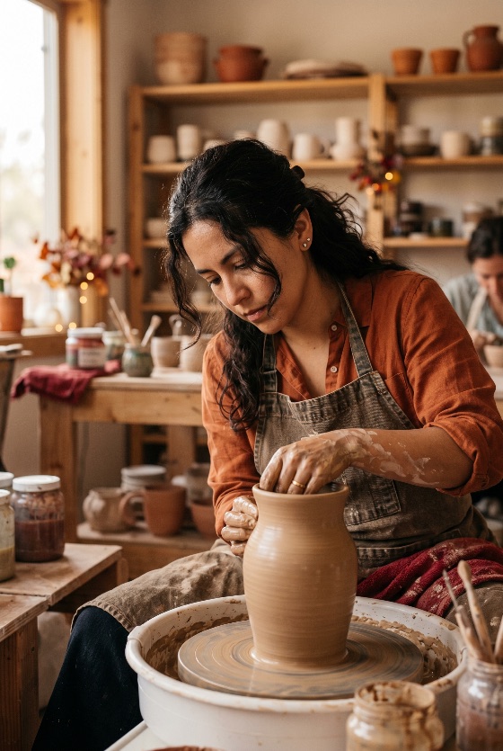 female, artist, shaping, clay, vase, spinning, pottery, wheel, cozy, workshop, ceramics, potter, artisan, studio, handmade, craft, hobby, creativity, woman, person, skill, vessel, art, traditional, manual, work, professional, small, business, entrepreneur, creative, focus, concentration, hands, dirty, apron, rustic, interior, indoor, lifestyle, leisure, craftsperson, making, production, creator, maker, ceramicist, class, handicraft, arts, culture