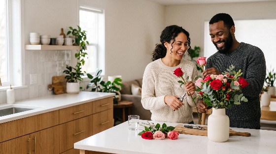 happy, multi-ethnic, couple, arranging, bouquet, fresh, roses, together, modern, kitchen, flowers, love, romance, domestic, home, lifestyle, diverse, man, woman, florist, gardening, indoor, plants, bright, interior, relationship, anniversary, valentine, day, gift, smiling, joy, togetherness, hobby, activity, pruning, shears, vase, floral, decoration, decor, morning, weekend, casual, cozy, partnership, sharing, life, beautiful, nature, people