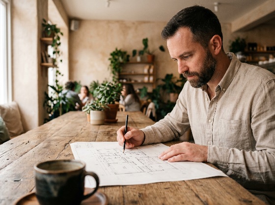 focused, male, architect, reviewing, floor, plans, and, blueprints, rustic, wooden, table, cozy, cafe, working, planning, design, professional, plan, construction, man, beard, project, creative, coffee, shop, interior, architecture, engineering, drawing, pencil, linen, shirt, lifestyle, remote, work, freelancer, entrepreneur, home, renovation, business, concentration, casual, indoor, plants, workspace, co-working, development, drafting, sketch, adult, caucasian, mid, interiors