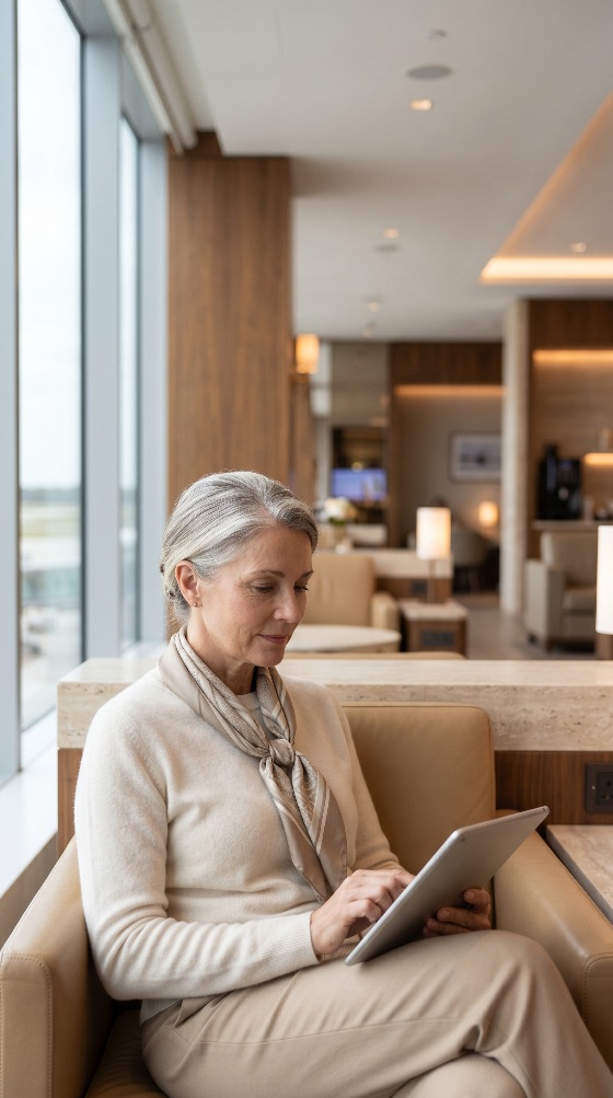 sophisticated, mature, woman, professional, attire, using, tablet, computer, while, relaxing, modern, airport, vip, lounge, senior, travel, business, luxury, grey, hair, elegant, technology, waiting, departure, arrival, lifestyle, digital, internet, online, communication, interior, lobby, hotel, executive, first, class, passenger, tourist, vacation, leisure, relaxation, beige, scarf, fashion, portrait, sitting, indoor, people