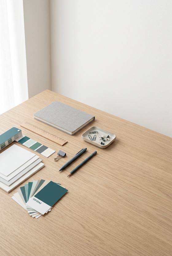 minimalist, creative, workspace, with, color, swatches, notebook, and, stationery, wooden, desk, design, office, professional, supplies, palette, architecture, interior, branding, organization, teal, green, paper, ruler, pen, pencil, clip, studio, clean, modern, aesthetic, objects, still, life