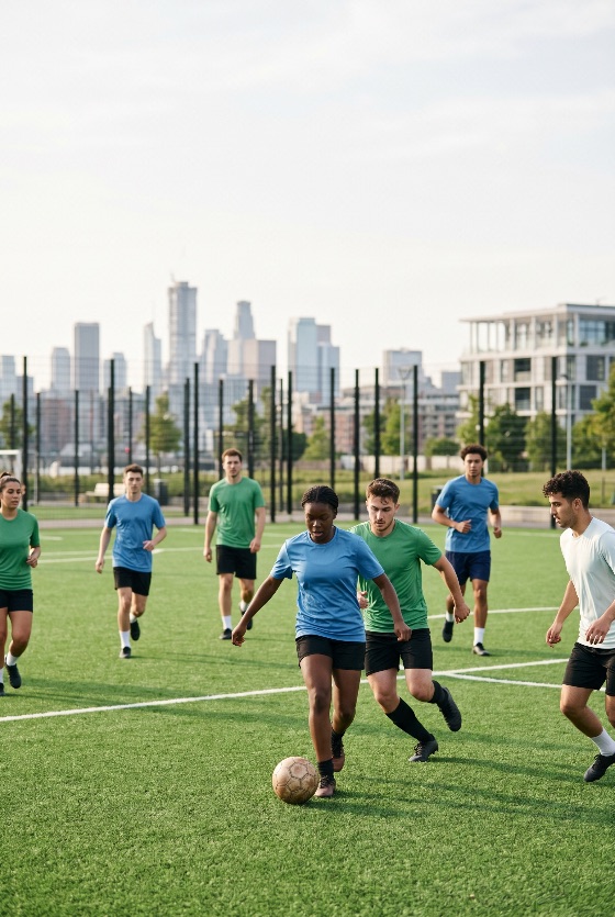 diverse, group, young, men, and, women, playing, soccer, urban, artificial, turf, field, with, city, skyline, the, background, football, sport, team, athletes, pitch, adults, people, game, match, exercise, fitness, outdoor, lifestyle, activity, dribbling, running, competition, hobby, friendship, community, summer, sunny, multi-ethnic, athletic, training, leisure, recreation, active, healthy