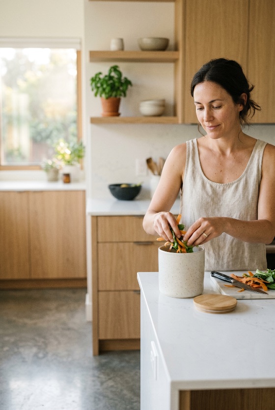 woman, putting, vegetable, scraps, into, compost, bin, modern, kitchen, composting, sustainability, eco-friendly, organic, waste, recycling, food, peels, sustainable, lifestyle, zero, green, living, domestic, life, healthy, environment, ceramic, crock, management, eco-conscious, home, interior, cooking, preparation, natural, light, minimalist, wooden, cabinets, white, countertop, carrot, drink