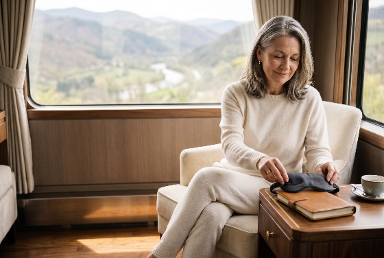 mature, woman, relaxing, luxury, train, cabin, with, scenic, mountain, view, travel, relaxation, window, landscape, passenger, journey, lifestyle, comfort, elegant, peaceful, senior, middle-aged, first, class, vacation, leisure, interior, journal, sleep, mask, notebook, coffee, morning, tourism, transportation, grey, hair, wellness, trip, nature, landscapes