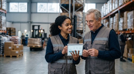diverse, warehouse, employees, discussing, inventory, data, digital, tablet, modern, logistics, facility, workers, teamwork, distribution, center, supply, chain, technology, management, storage, industry, professional, senior, young, woman, mentor, collaboration, business, shipping, delivery, racks, forklift, industrial, workplace, communication, efficiency, analysis, smiling, cooperation, employee, staff, supervisor, manager, fulfillment, occupation, career, construction