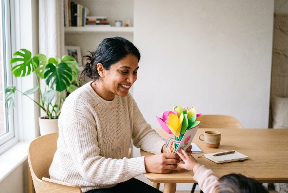 happy, indian, mother, receiving, handmade, paper, flowers, and, greeting, card, from, her, child, home, gift, love, family, happiness, smiling, south, asian, woman, celebration, day, birthday, appreciation, parenting, childhood, domestic, life, lifestyle, indoor, morning, bright, modern, monstera, plant, table, togetherness, daughter, son, surprise, craft, art, creativity, emotion, heartwarming, affectionate, time, motherhood, people