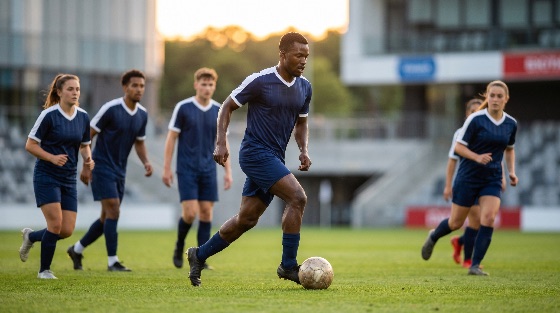 professional, soccer, player, dribbling, ball, green, field, during, match, with, teammates, the, background, sunset, football, athlete, team, sport, stadium, competition, diverse, mixed-gender, athletic, fitness, training, blue, jersey, outdoor, grass, action, male, female, game, exercise, teamwork, golden, hour, pitch, active, lifestyle, group, people, black, man, woman, sports