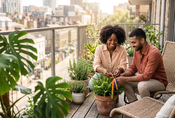 happy, diverse, couple, decorating, their, urban, balcony, garden, with, rainbow, pride, ribbon, potted, plant, lgbtq, gardening, plants, multicultural, inclusivity, lifestyle, city, happiness, togetherness, apartment, terrace, fern, monstera, home, decoration, celebration, support, ally, equality, love, relationship, outdoors, summer, sunny, young, adults, black, woman, south, asian, man, ethnic, mixed, race, greenery, nature, life, people