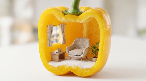 surreal, conceptual, art, cozy, miniature, living, room, interior, with, armchair, and, window, inside, fresh, yellow, bell, pepper, creative, food, vegetable, home, tiny, furniture, organic, healthy, lifestyle, curtains, rug, plant, digital, render, imagination, decor, design, interiors