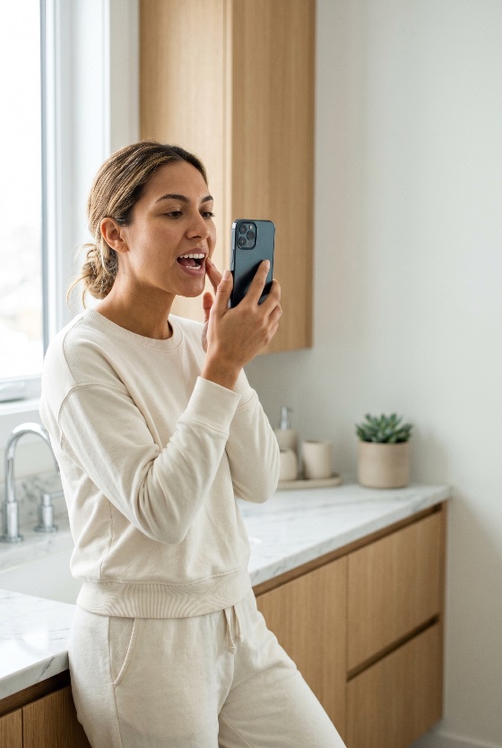 young, woman, checking, her, teeth, using, smartphone, camera, modern, bathroom, dental, oral, health, hygiene, mirror, self-care, technology, telehealth, examining, smile, hispanic, adult, lifestyle, home, wellness, morning, routine, mobile, phone, beauty, casual, loungewear, interior, bright, clean, skincare, daily, dentistry, self-examination, mouth, gums, person, one, indoors, people