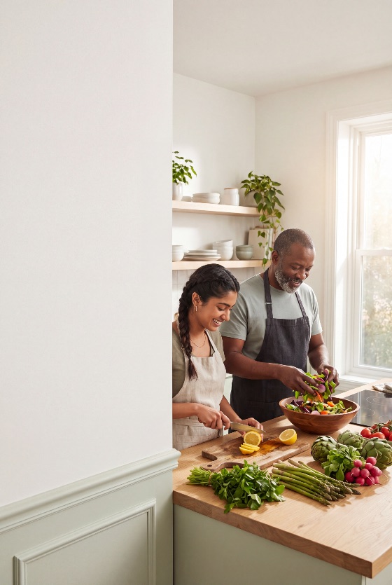 happy, diverse, couple, south, asian, woman, and, african, american, man, enjoy, cooking, healthy, meal, together, bright, modern, kitchen, preparing, fresh, salad, vegetables, wooden, counter, preparation, lifestyle, home, domestic, smiling, indian, mature, adult, togetherness, relationship, wellness, nutrition, organic, vegetarian, vegan, food, lemon, asparagus, radish, artichoke, herbs, countertop, interior, domesticity, cooperation, teamwork, hobby, culinary, diet, eating, morning, light, airy, people