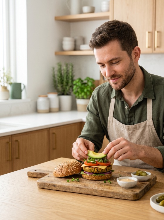 young, man, apron, preparing, delicious, plant-based, burger, with, fresh, avocado, bright, modern, kitchen, veggie, healthy, eating, cooking, vegetarian, vegan, food, preparation, homemade, chef, lifestyle, meal, nutrition, gourmet, ingredients, assembling, wooden, board, wellness, organic, snack, lunch, dinner, culinary, hobby, home, sandwich, sesame, bun, sprouts, tomato, cheese, pickles, sauce, indoor, portrait, person, adult, male, caucasian, drink
