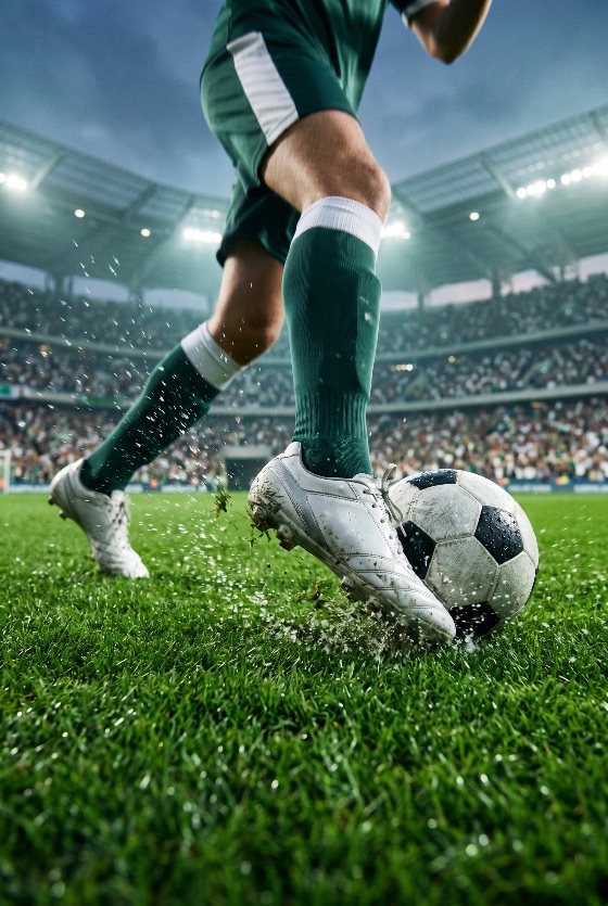 close-up, professional, soccer, player, kicking, ball, wet, grass, field, during, match, large, stadium, with, bright, lights, and, crowd, football, kick, action, sport, athlete, cleats, splash, water, arena, competition, game, goal, tournament, motion, energy, power, skill, athletic, performance, sports, fitness