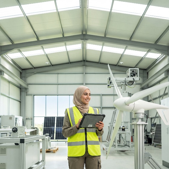 professional, muslim, woman, engineer, wearing, hijab, and, high-visibility, vest, holding, digital, tablet, while, working, with, wind, turbine, solar, panel, technology, bright, modern, laboratory, renewable, energy, panels, sustainability, green, warehouse, industrial, technician, female, diversity, science, engineering, innovation, research, clean, environment, safety, smiling, career, education, stem, workshop, future, alternative, power, electricity, technical, equipment, inspection, monitoring, development, eco-friendly, climate, change, sustainable, work, industry, specialist, expert