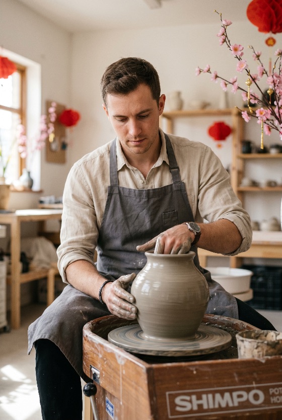 professional, male, potter, shaping, clay, vase, rotating, pottery, wheel, bright, studio, workshop, ceramic, artist, craftsman, handmade, artisan, craft, pot, creative, hobby, man, apron, hands, skill, art, traditional, spinning, focus, concentration, workspace, small, business, maker, creation, ceramicist, indoor, daylight, lifestyle, work, labor, manual, artistic, arts, culture